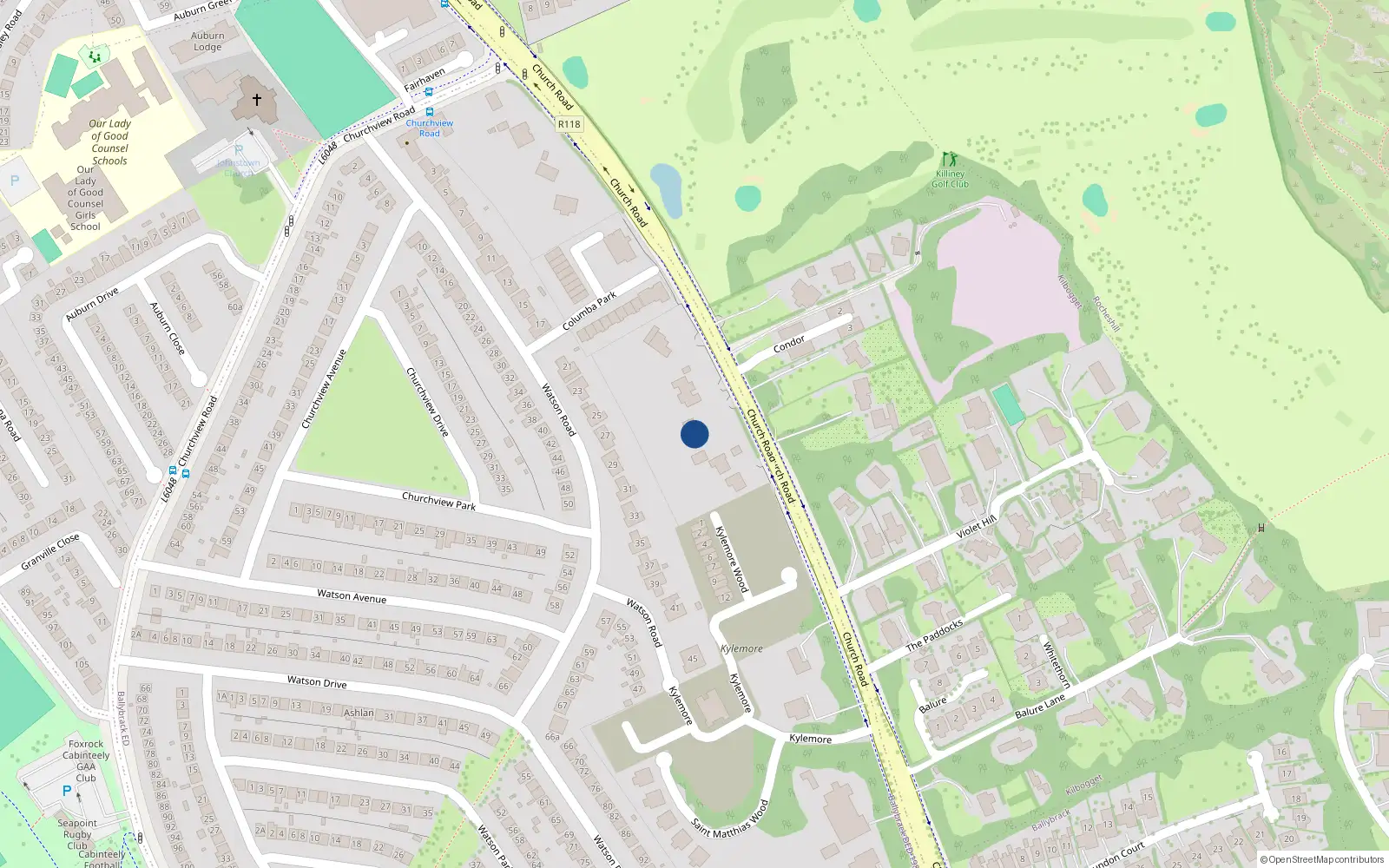 Overhead map showing the location of Church Road, Killiney