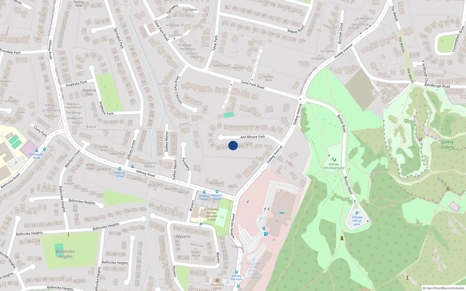 Overhead map showing the location of Rosbeg, 12 Ard Mhuire Park, Dalkey