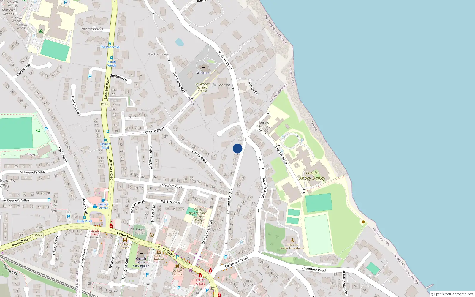 Overhead map showing the location of 17 Convent Road, Dalkey