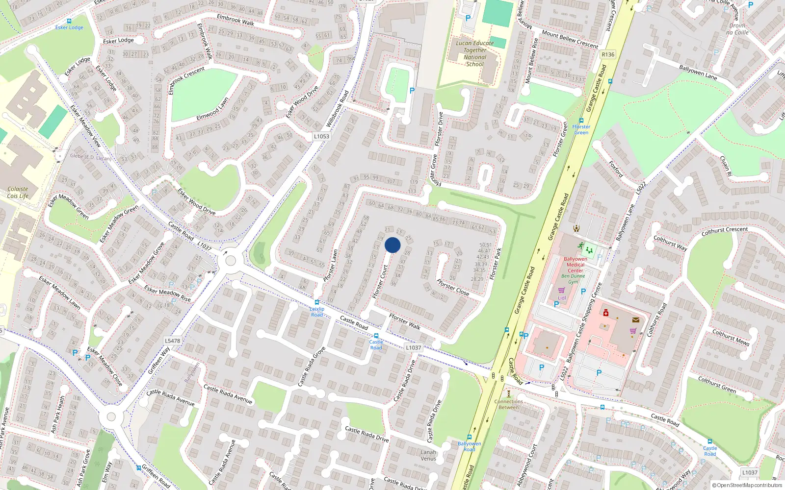Overhead map showing the location of Rose Cottage, 77 Forster Lawn, Lucan