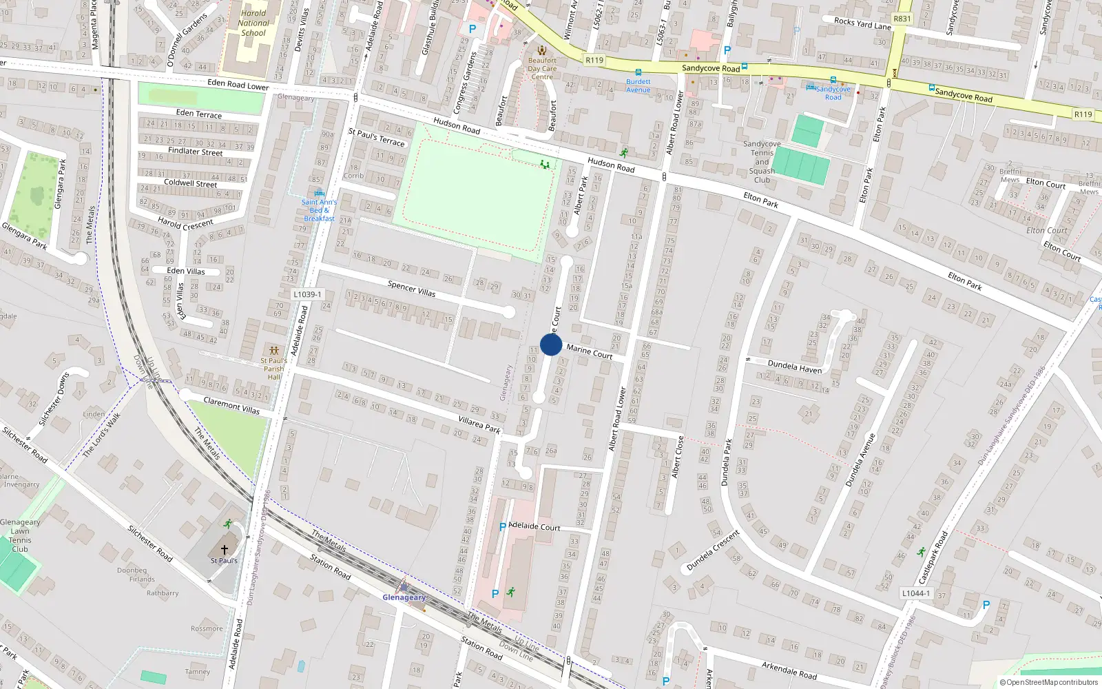 Overhead map showing the location of Marine Court, Sandycove