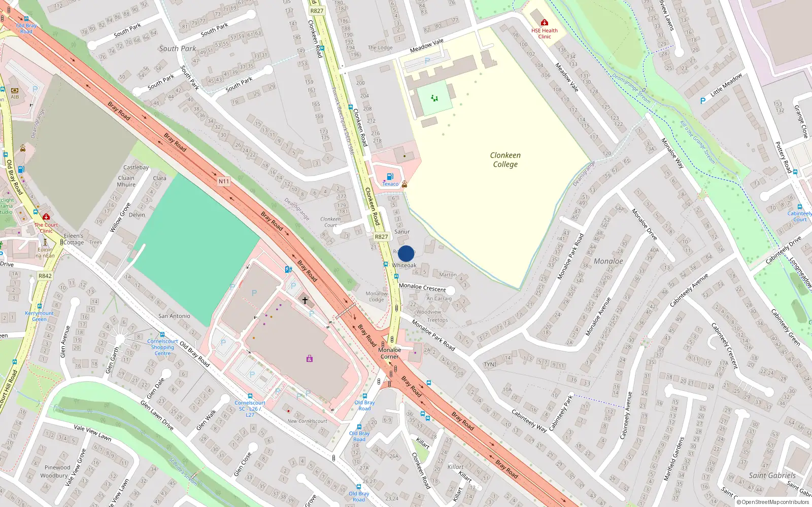 Overhead map showing the location of Clonkeen Road, Blackrock
