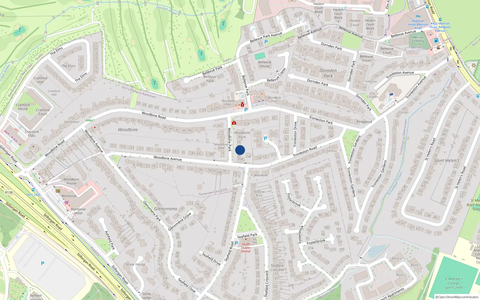 Overhead map showing the location of Rosemont, 26A Woodbine Park, Blackrock
