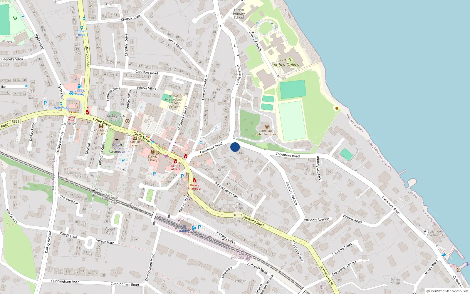 Overhead map showing the location of 105 Coliemore Road, Dalkey