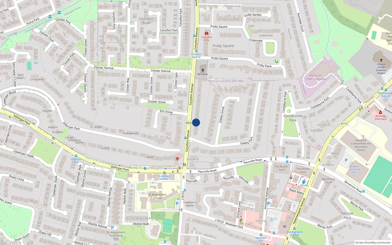 Overhead map showing the location of 12 Upper Carysfort Avenue, Blackrock