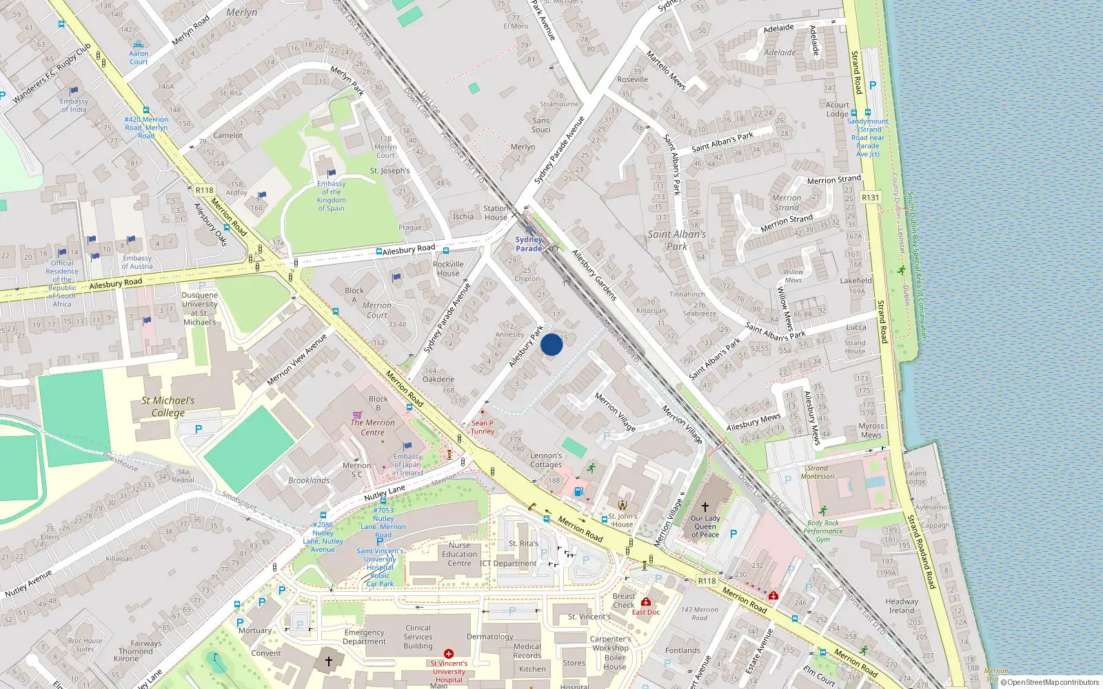 Overhead map showing the location of 13 Ailesbury Park, Merrion