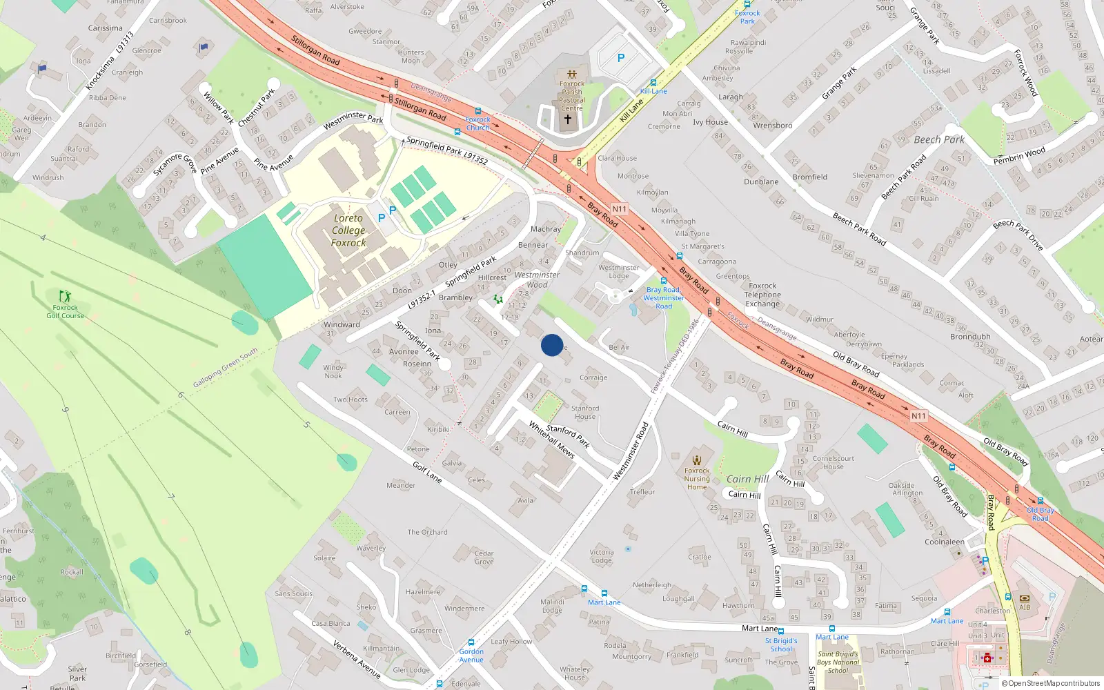 Overhead map showing the location of Westminster Road, Dublin 18