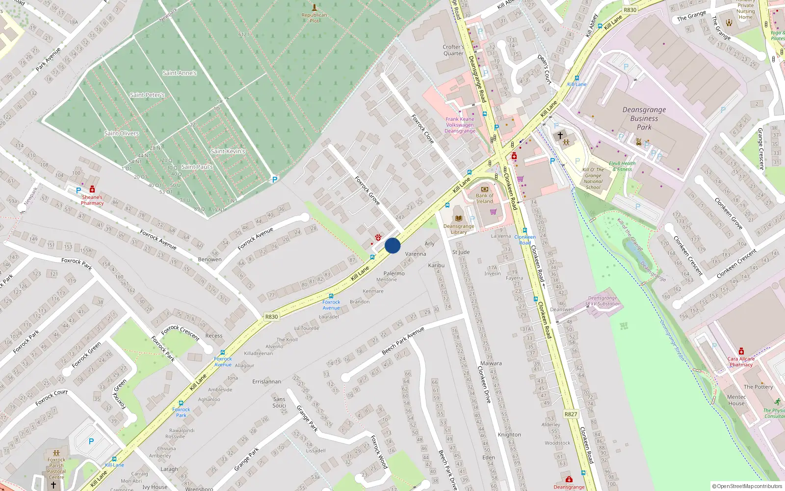 Overhead map showing the location of Kill Lane, Foxrock