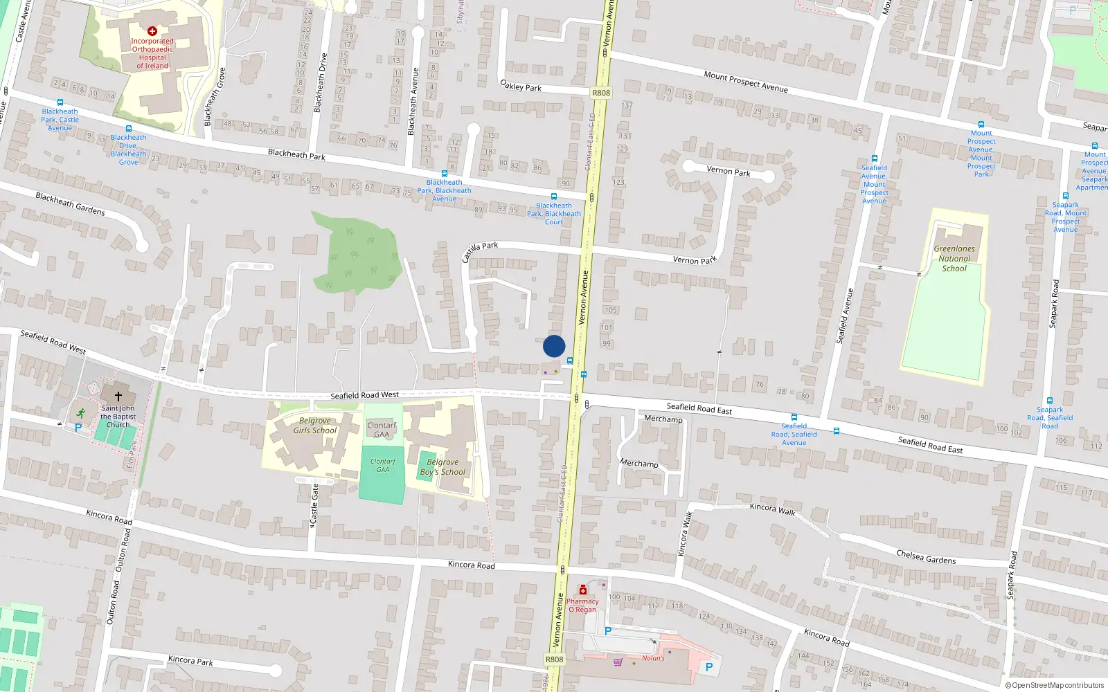 Overhead map showing the location of Rostella, 82 Vernon Avenue, Clontarf