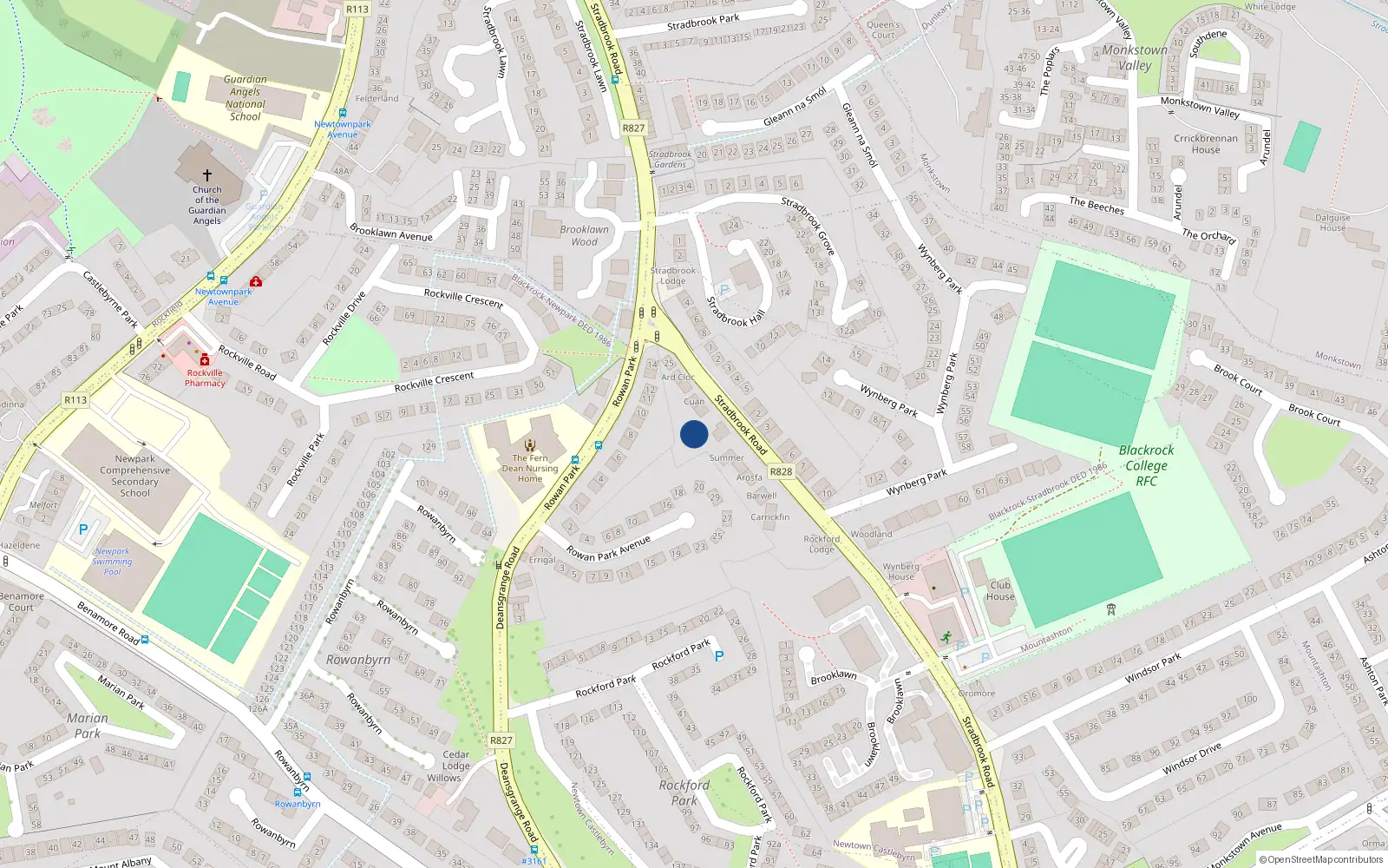 Overhead map showing the location of Stradbrook Road, Blackrock