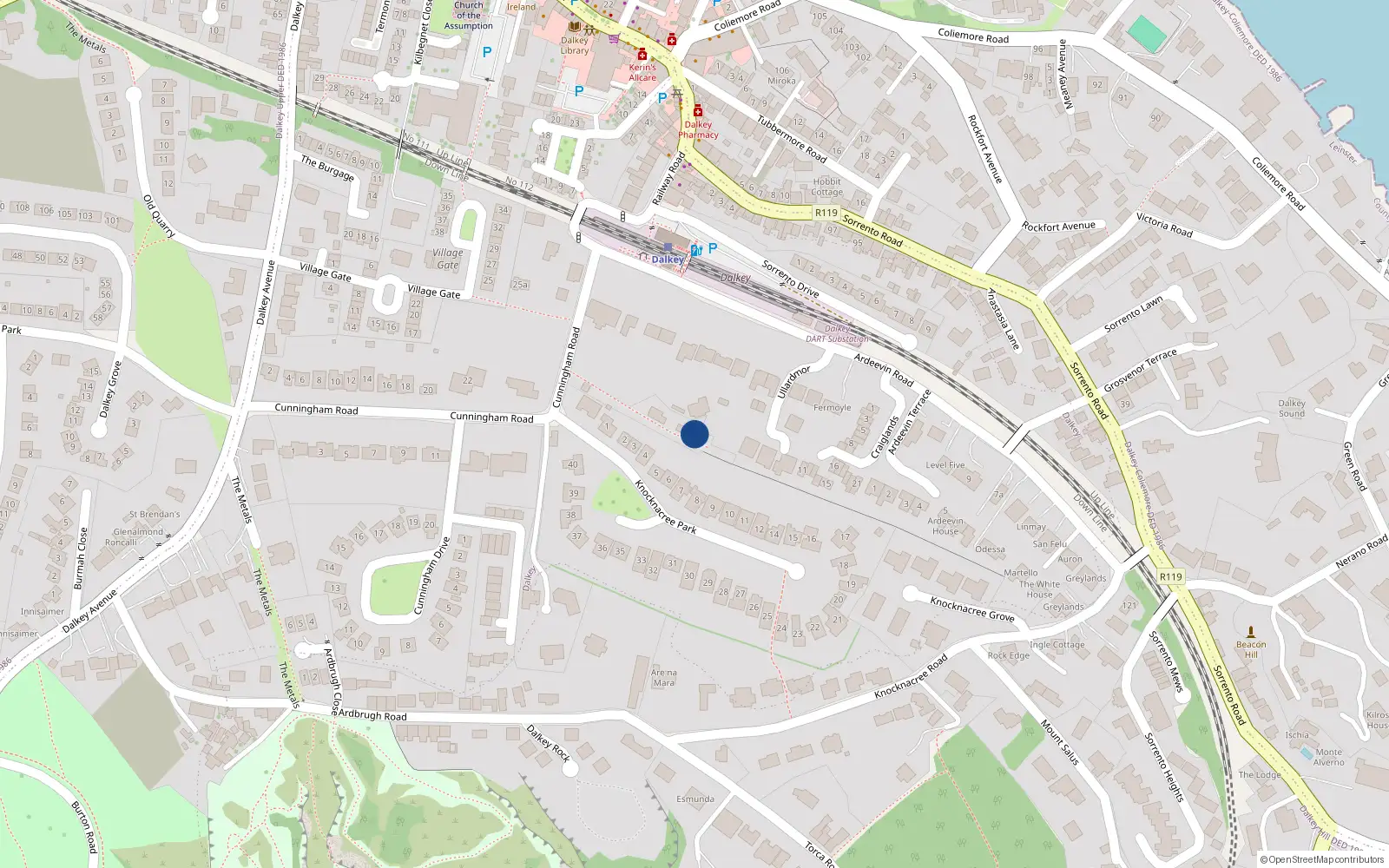 Overhead map showing the location of Ardeevin Road, Dalkey