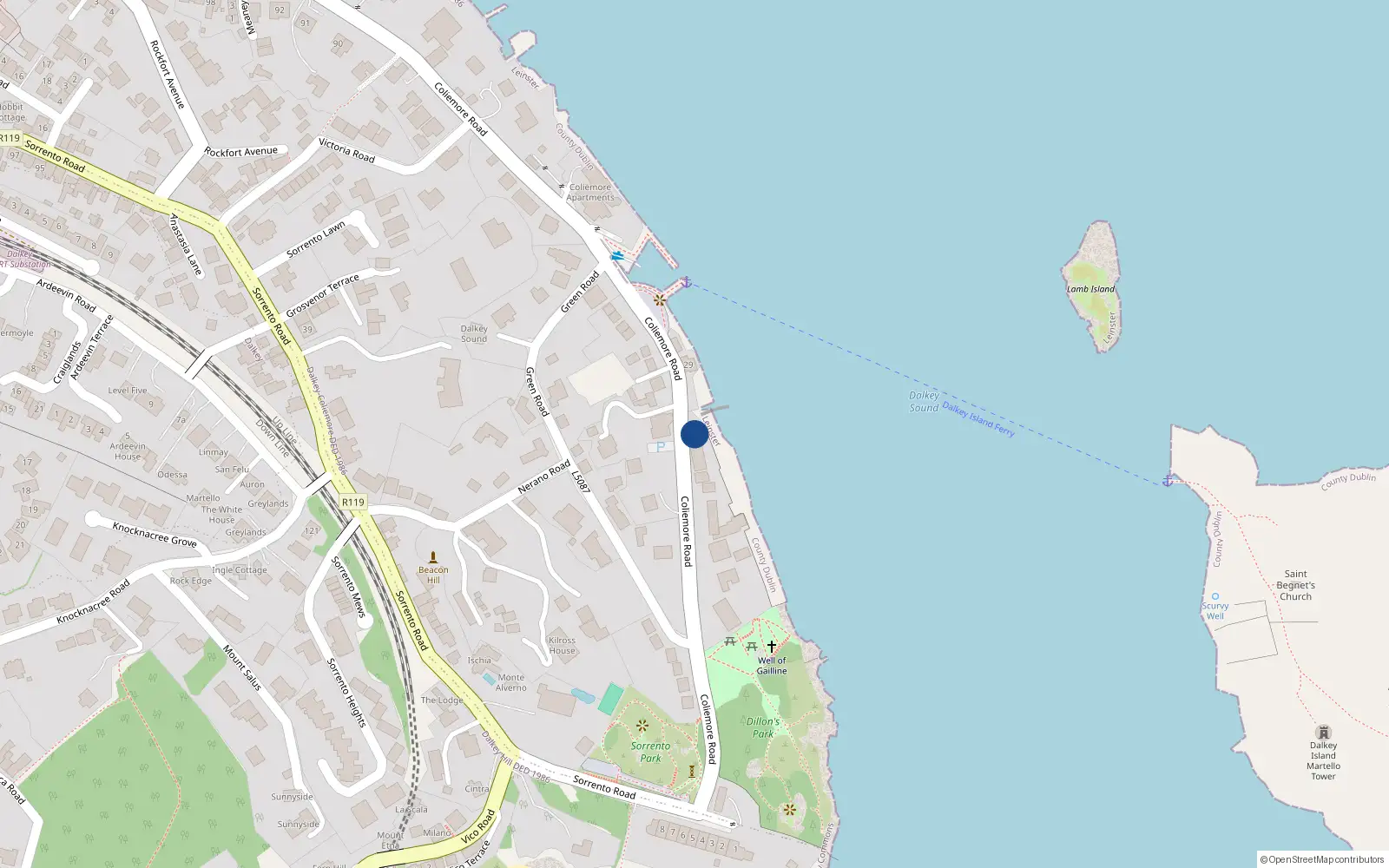 Overhead map showing the location of 30 Coliemore Road, Dalkey