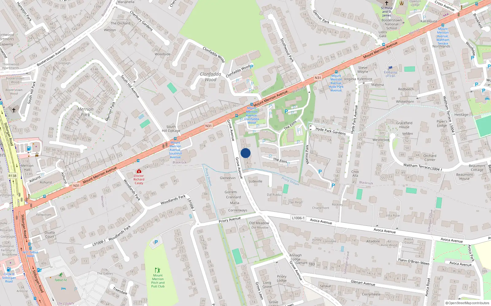 Overhead map showing the location of 3A Grove Avenue, Blackrock