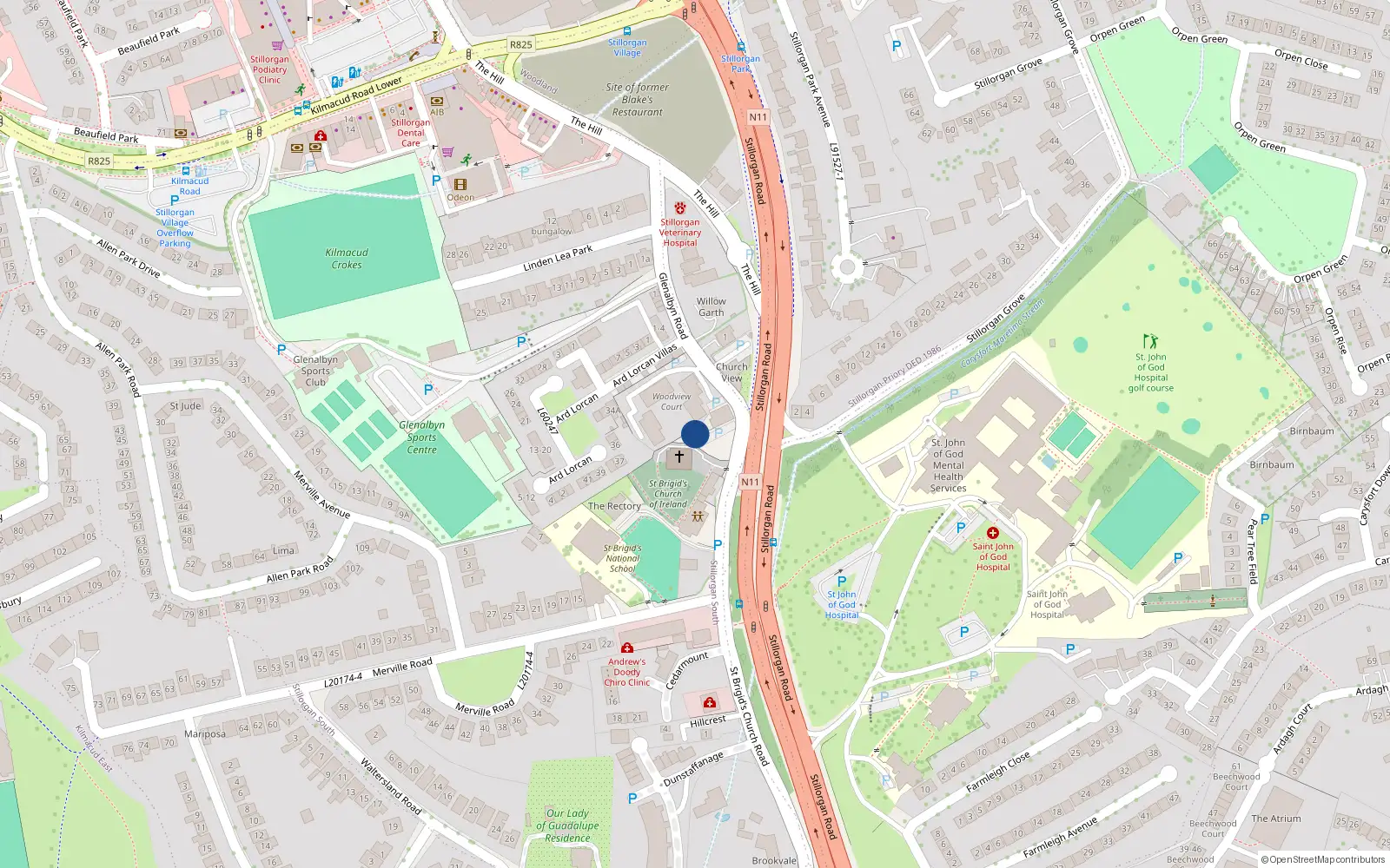 Overhead map showing the location of 1 Glenalbyn Road, Stillorgan