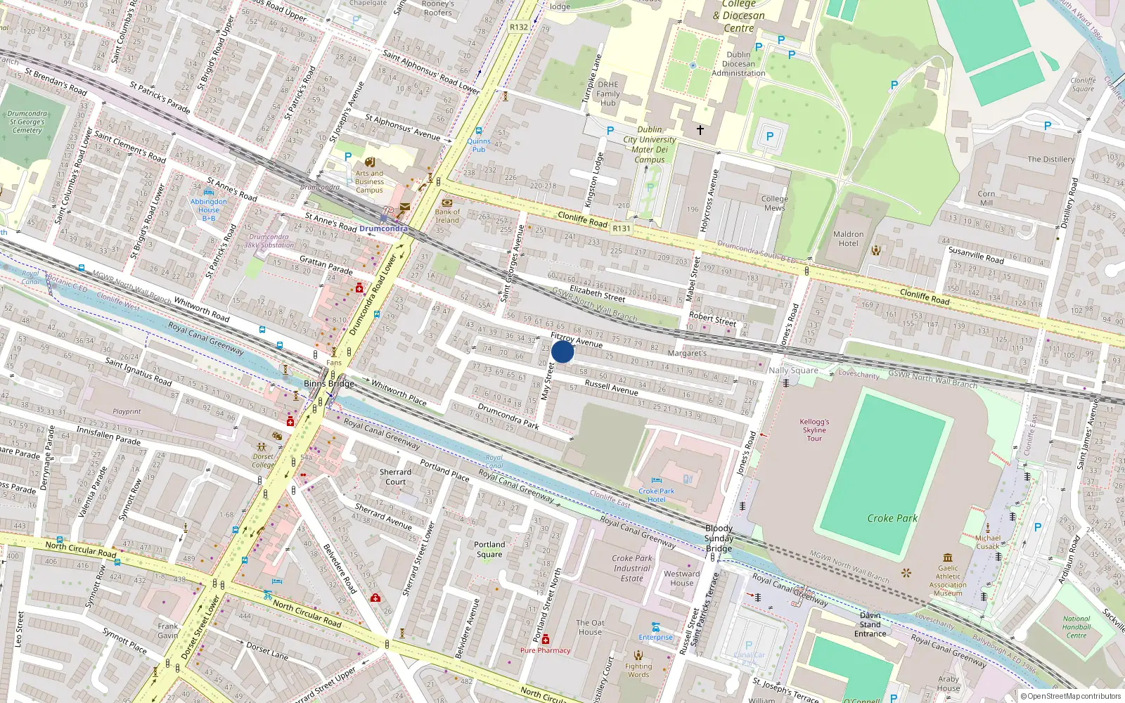 Overhead map showing the location of Saint Anns, 2 May St, Drumcondra