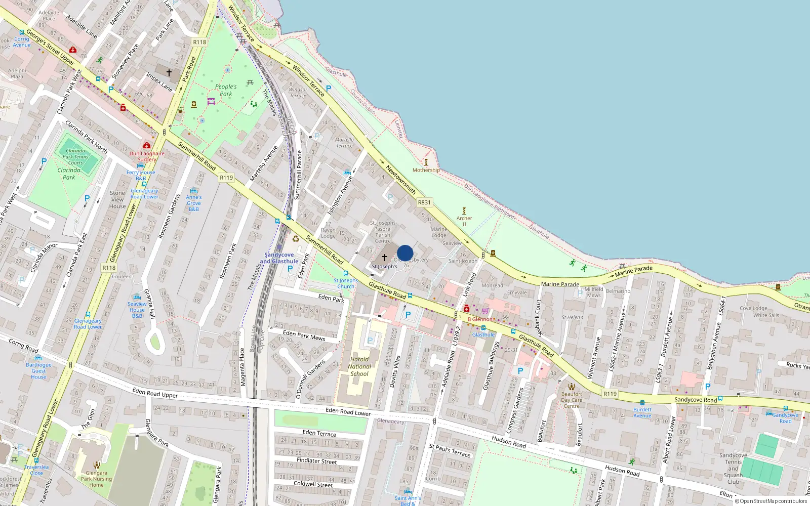 Overhead map showing the location of 77 Glasthule Road, Glasthule