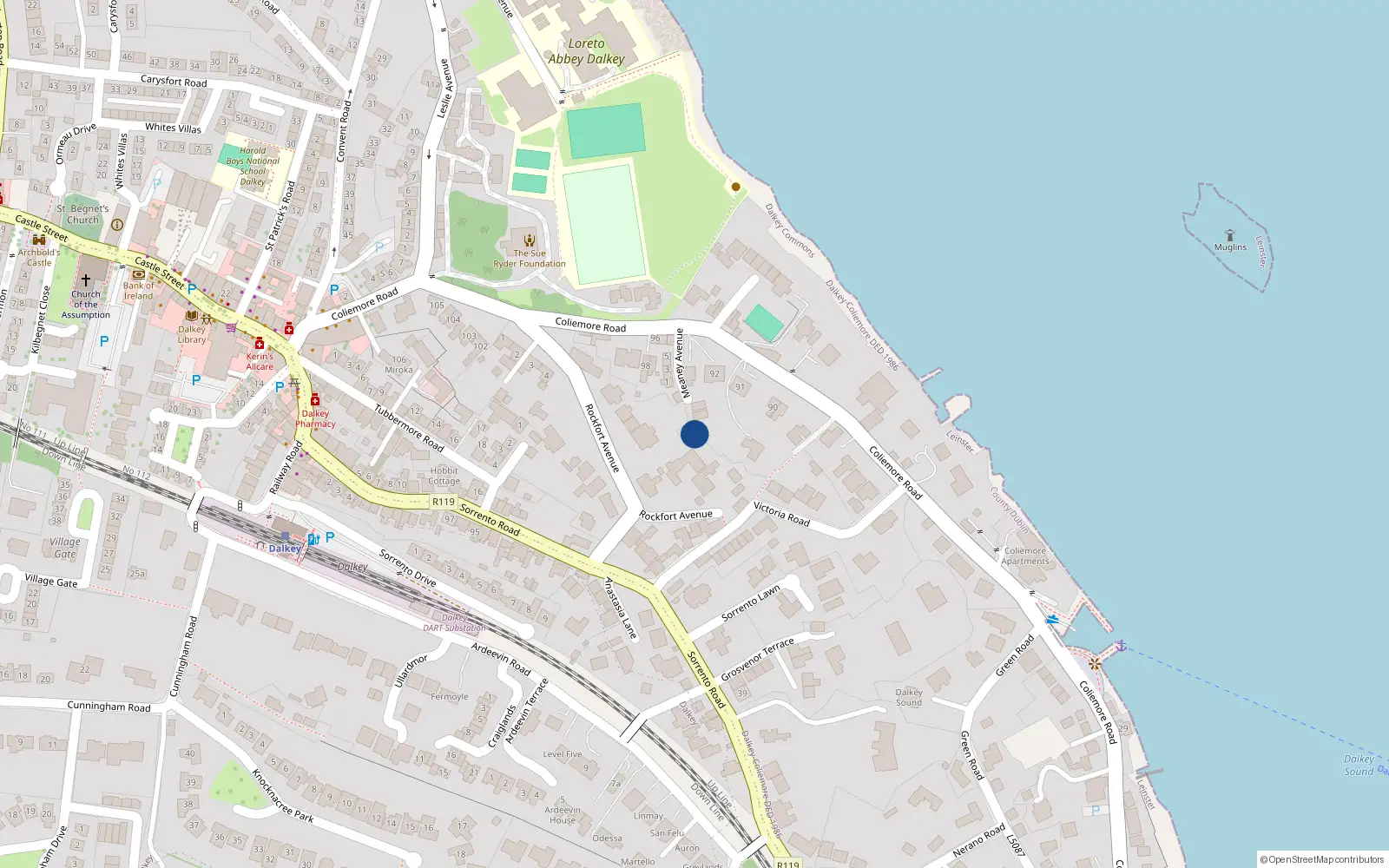 Overhead map showing the location of Meany Avenue, Dalkey