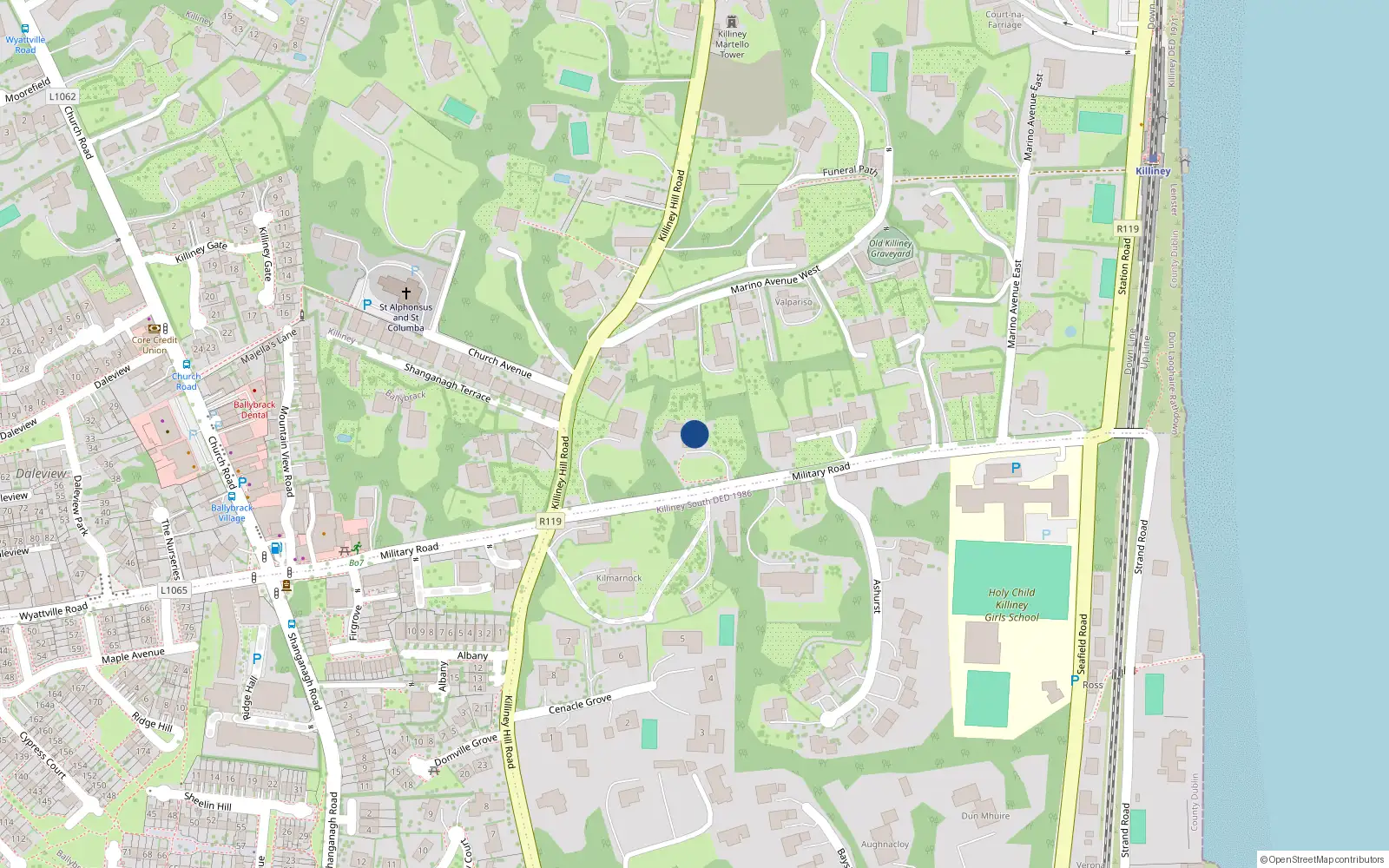 Overhead map showing the location of Military Road, Killiney