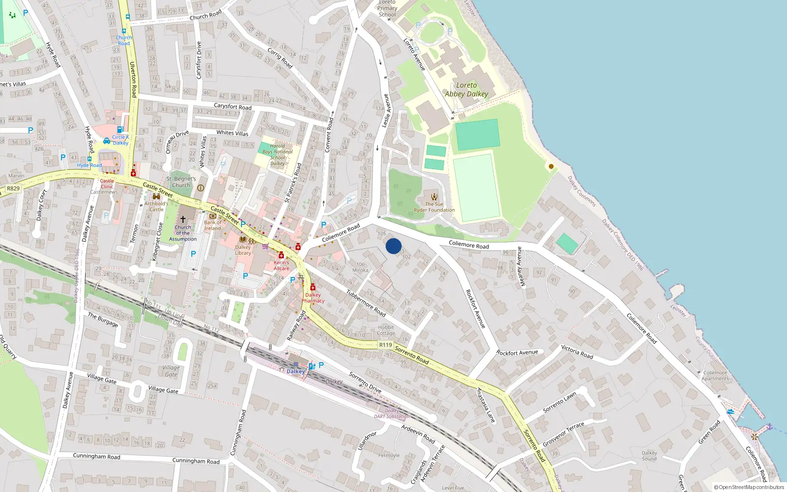 Overhead map showing the location of Coliemore Road, Dalkey