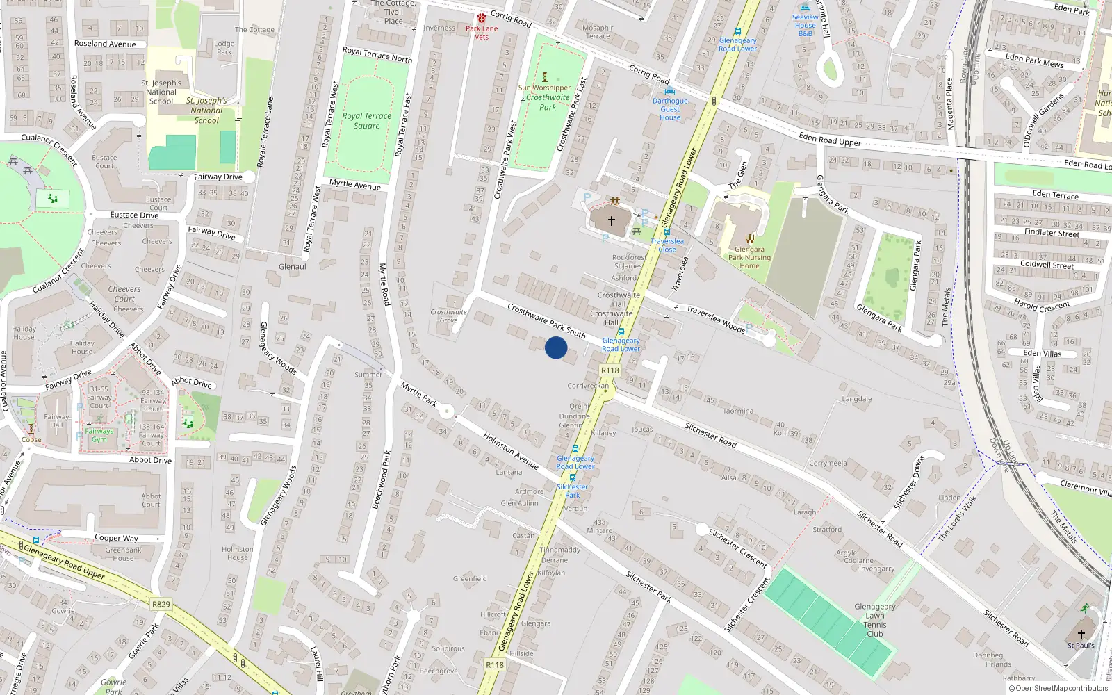 Overhead map showing the location of Crosthwaite Park South, Dunlaoghaire