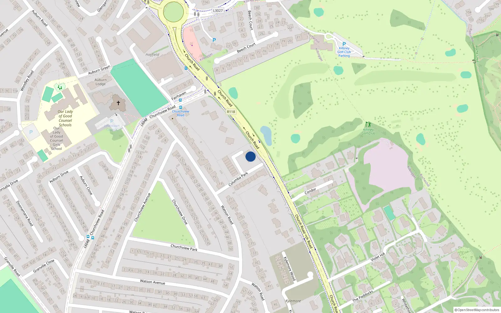 Overhead map showing the location of Church Road, Killiney