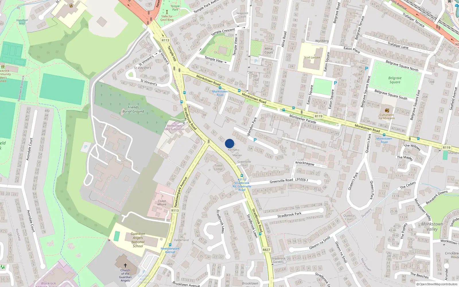 Overhead map showing the location of Stradbrook Road, Blackrock