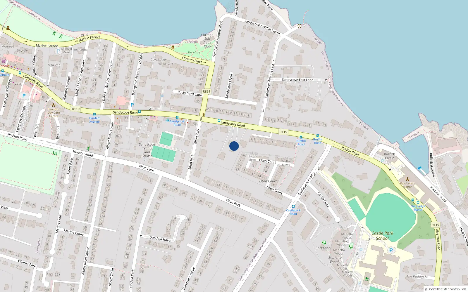 Overhead map showing the location of Bullock, Dublin, Co. Dublin