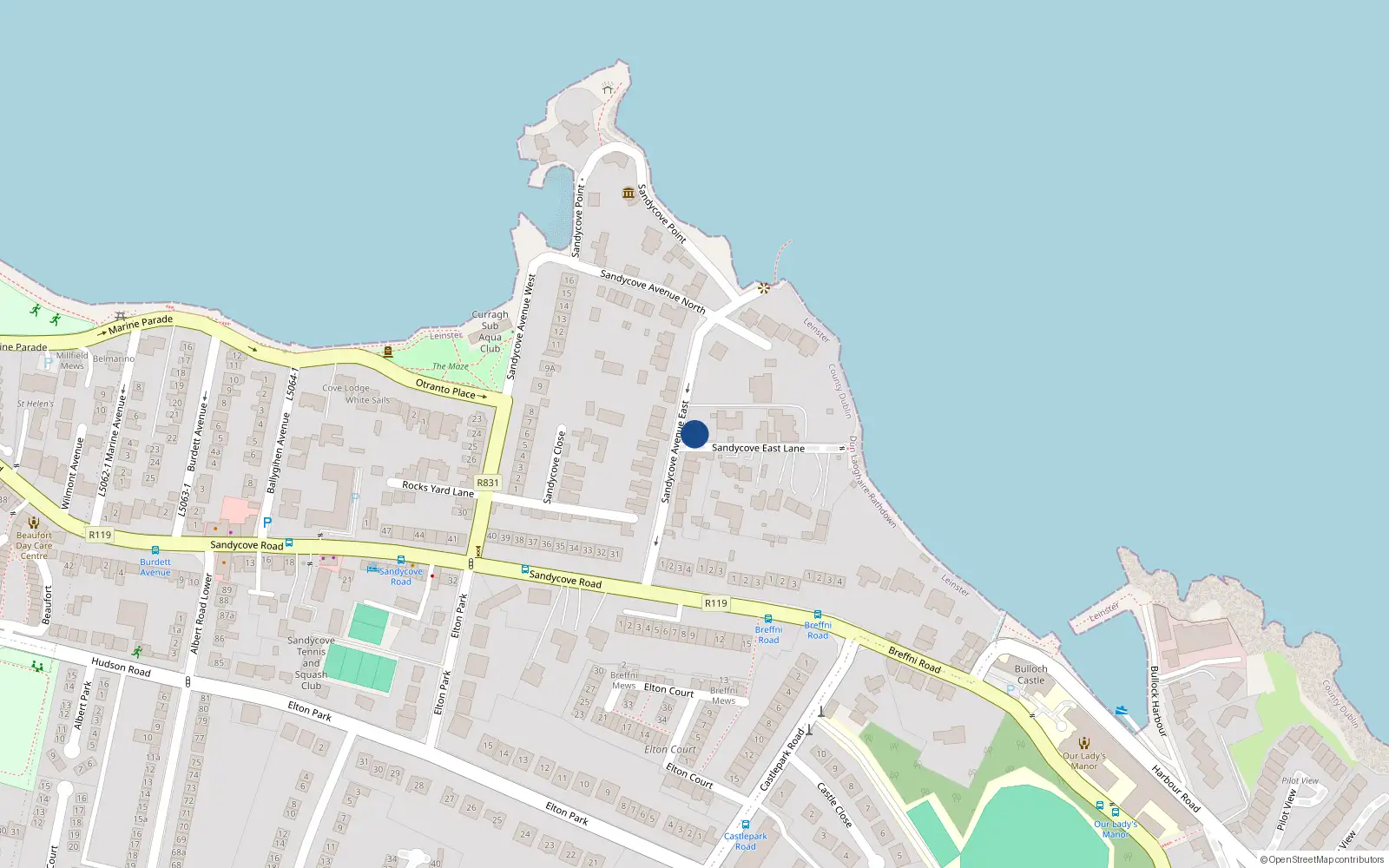 Overhead map showing the location of Sandycove Avenue East, Dun Laoghaire