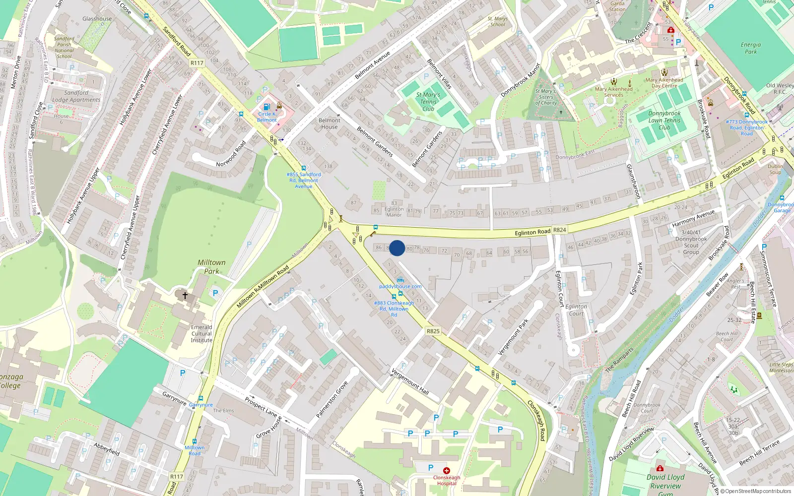 Overhead map showing the location of 82A Eglinton Road, Donnybrook