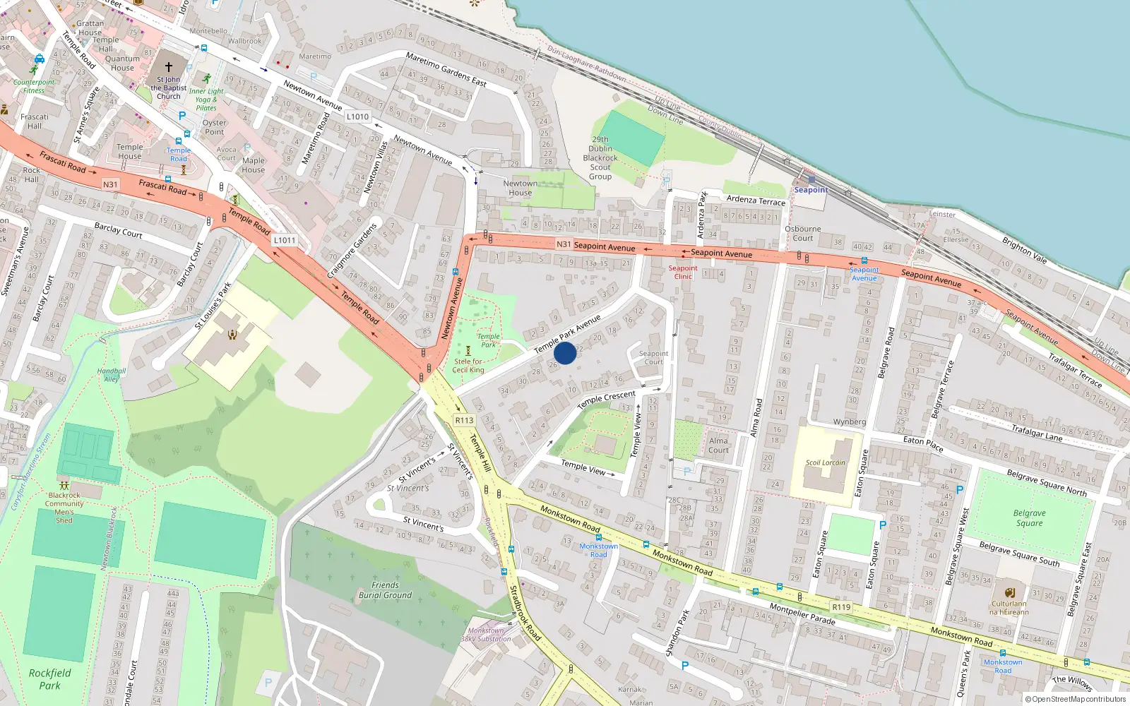 Overhead map showing the location of 24 Temple Park Avenue, Blackrock