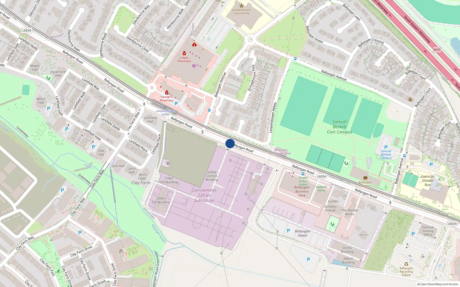 Overhead map showing the location of Ballyogan Road, Carrickmines