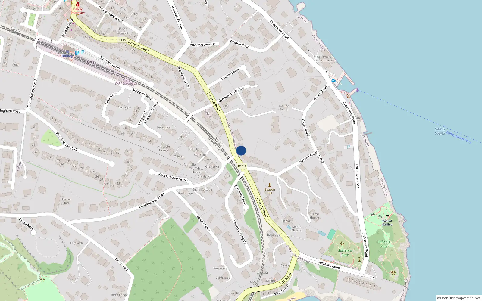 Overhead map showing the location of Sorrento Road, Dalkey