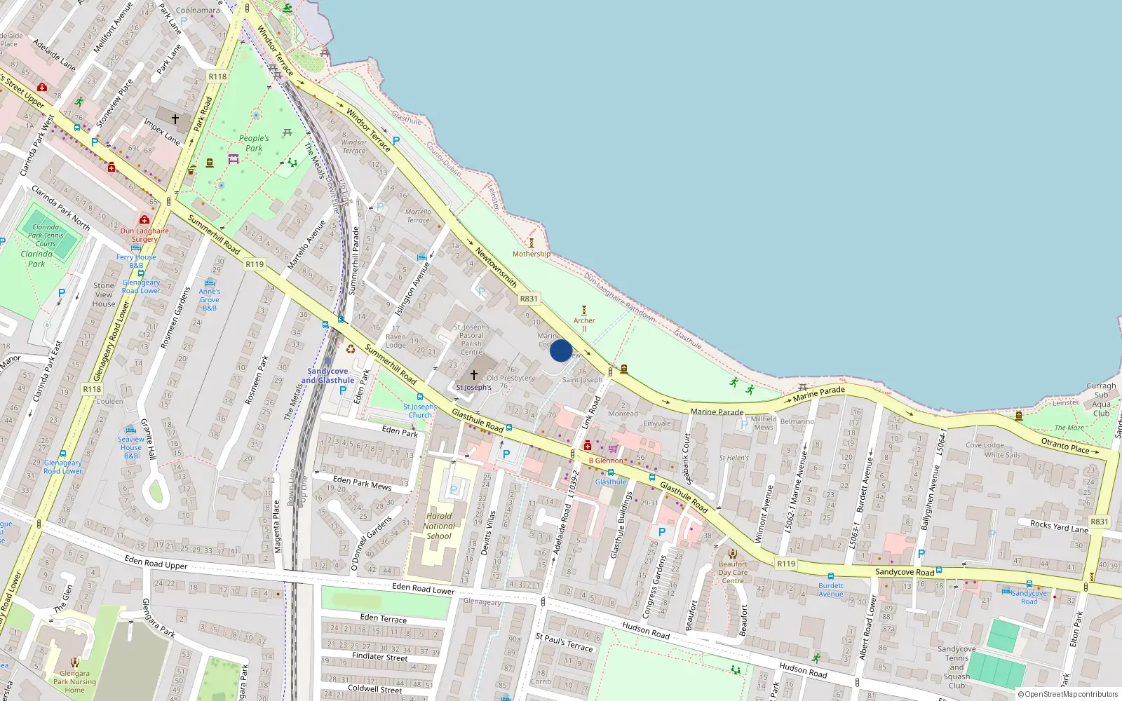Overhead map showing the location of 2 Newtownsmith, Sandycove