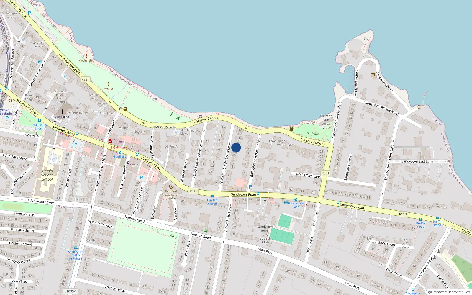 Overhead map showing the location of Seafield House, 8 Burdett Avenue, Sandycove