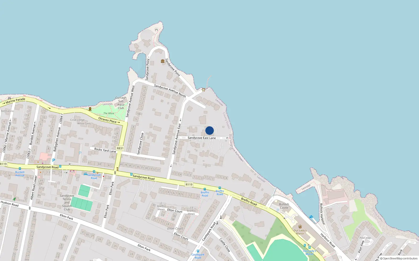 Overhead map showing the location of Bullock, Dublin, Co. Dublin