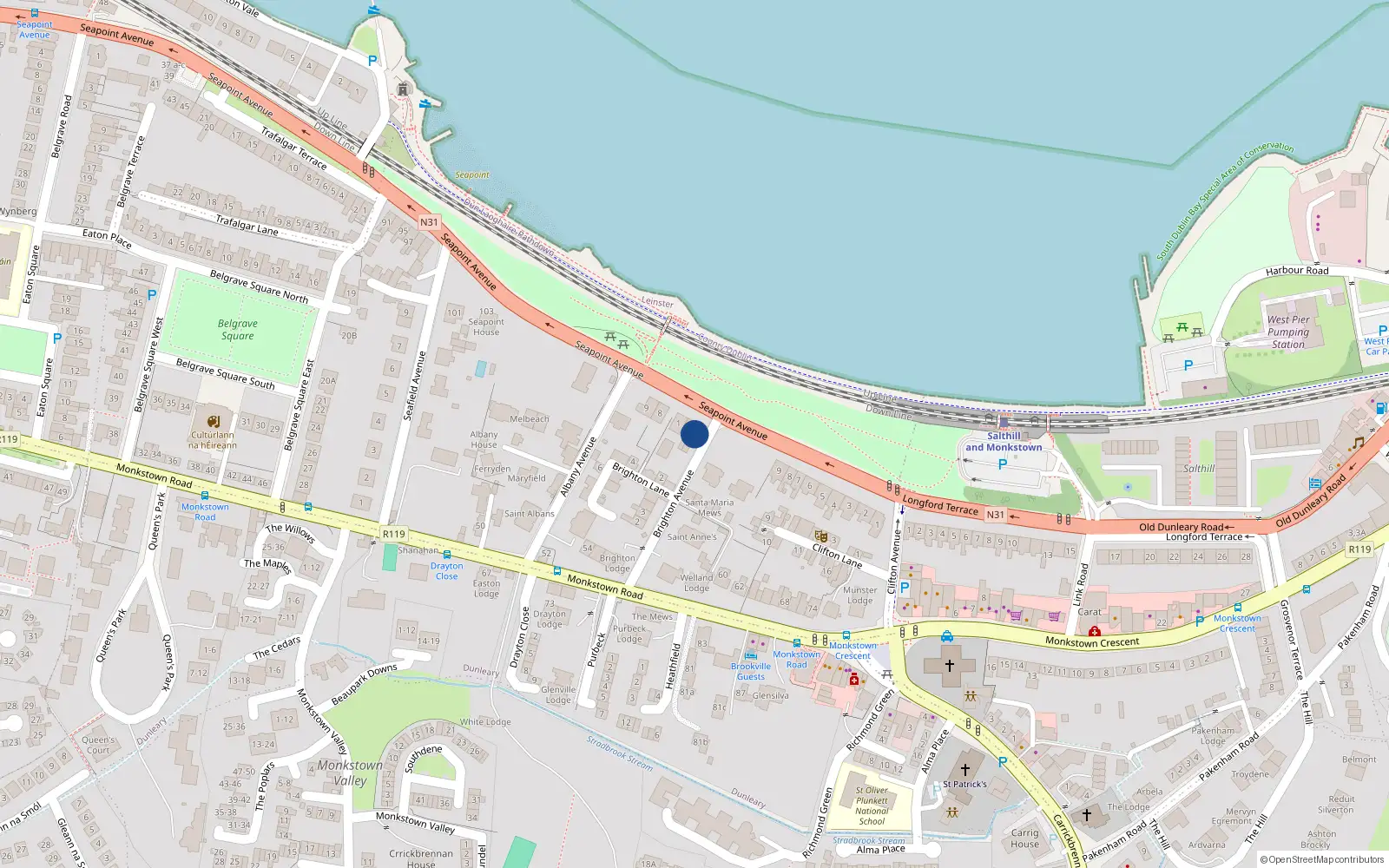 Overhead map showing the location of Seahaven, 1 Brighton Terrace, Monkstown