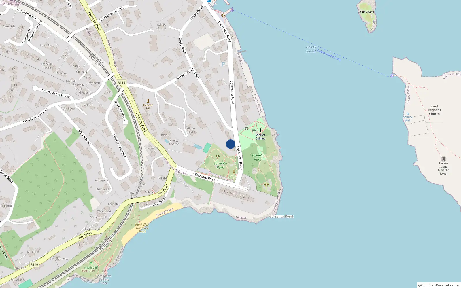 Overhead map showing the location of 39 Coliemore Road, Dalkey