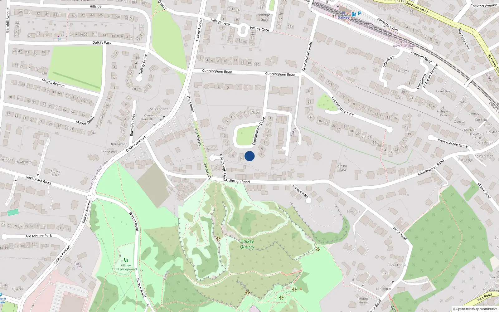 Overhead map showing the location of Seaview, 8 Cunningham Drive, Dalkey