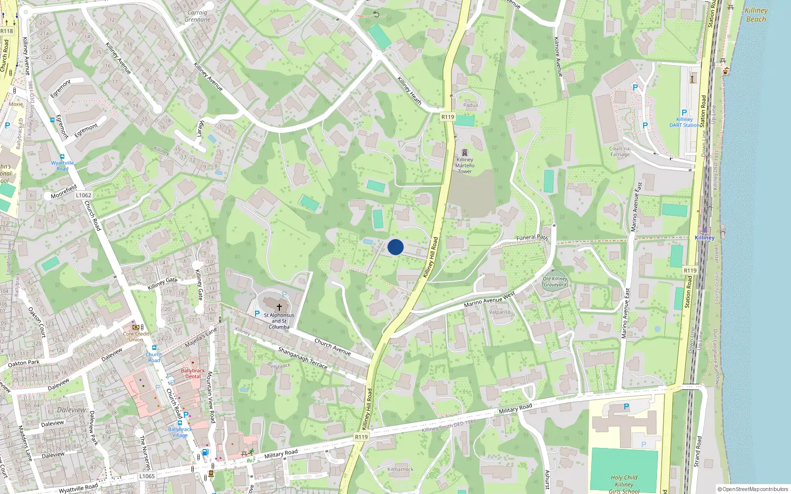 Overhead map showing the location of Killiney Hill Road, Killiney
