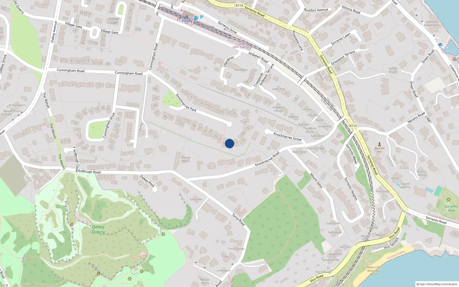 Overhead map showing the location of Selskar, 23 Knock na Cree Park, Dalkey