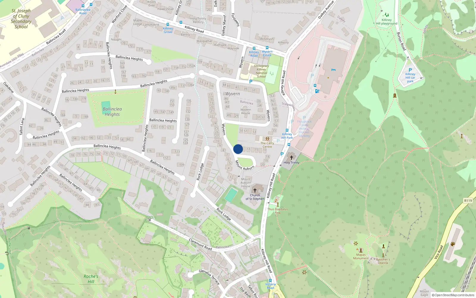 Overhead map showing the location of Sentosa, 11 Mount Auburn, Killiney