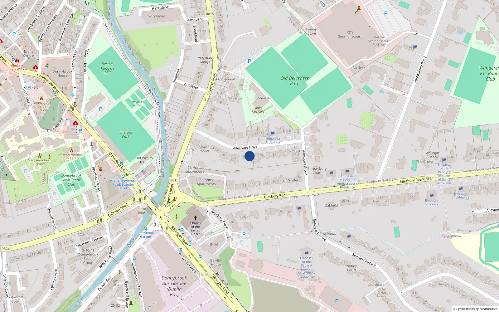 Overhead map showing the location of 16 Ailesbury Drive, Ballsbridge