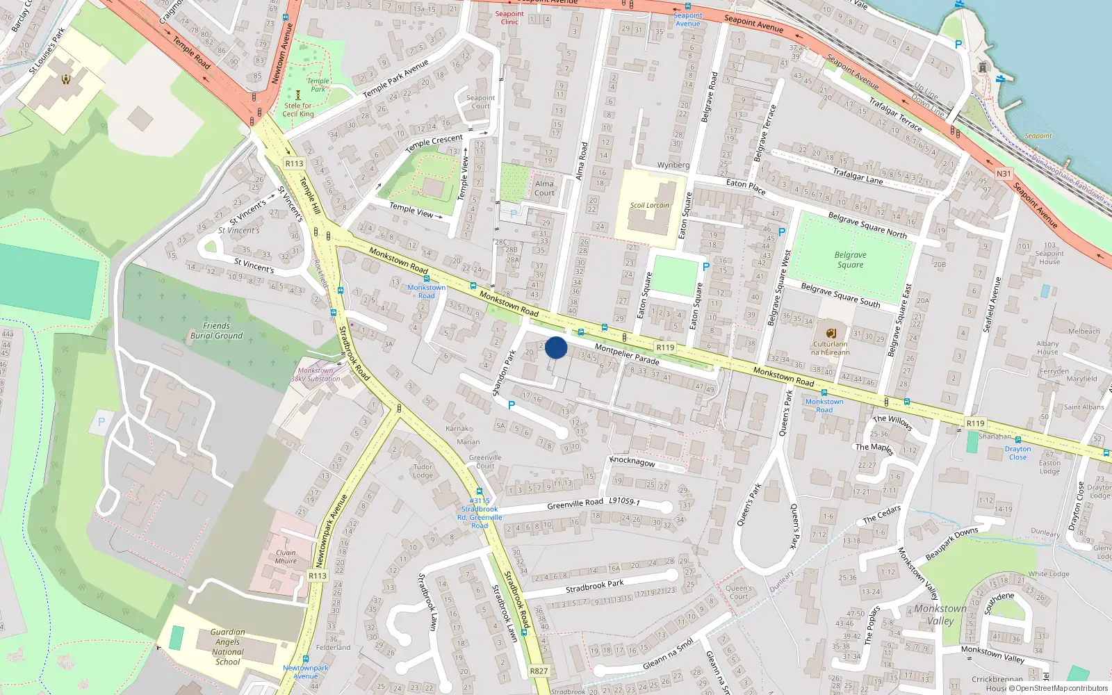 Overhead map showing the location of Shandon Cottage, 23A Monkstown Road, Blackrock