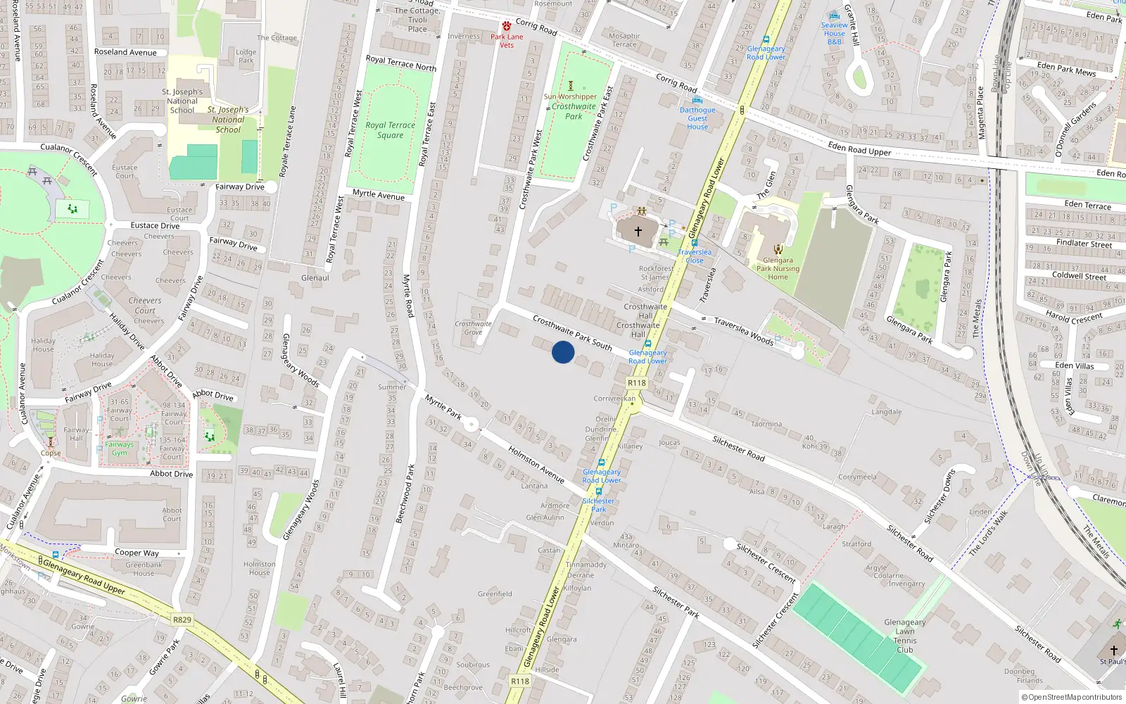 Overhead map showing the location of Crosthwaite Park South, Dun Laoghaire