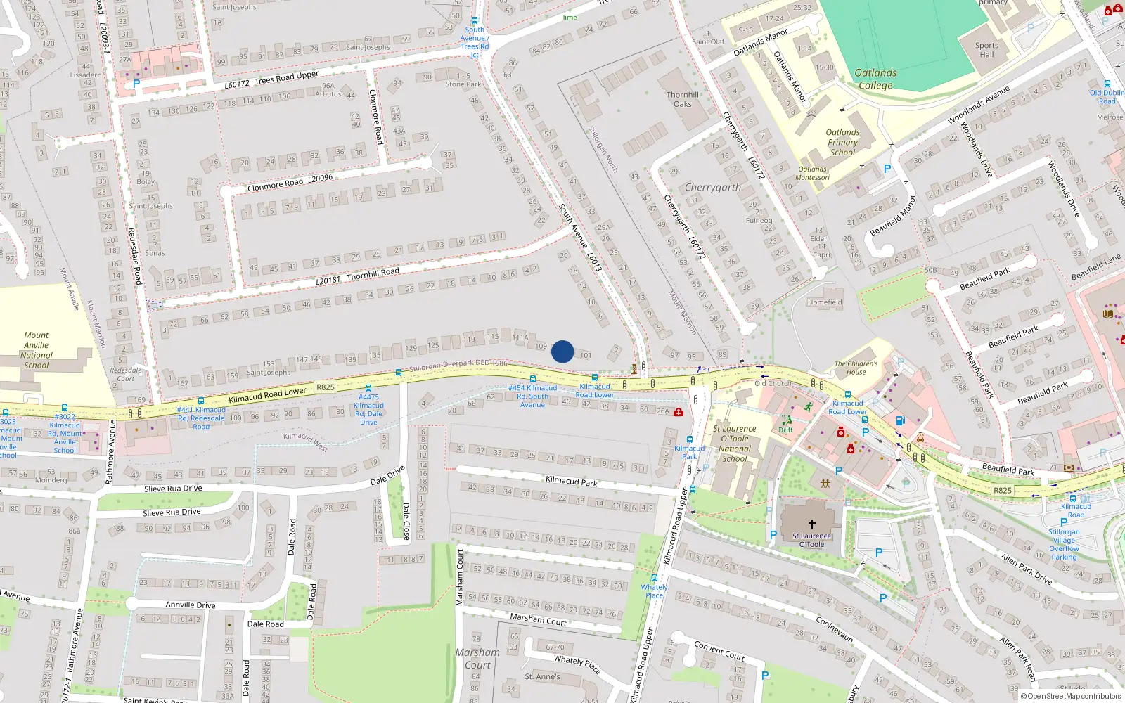 Overhead map showing the location of Shedra, 105 Kilmacud Road Lower, Stillorgan