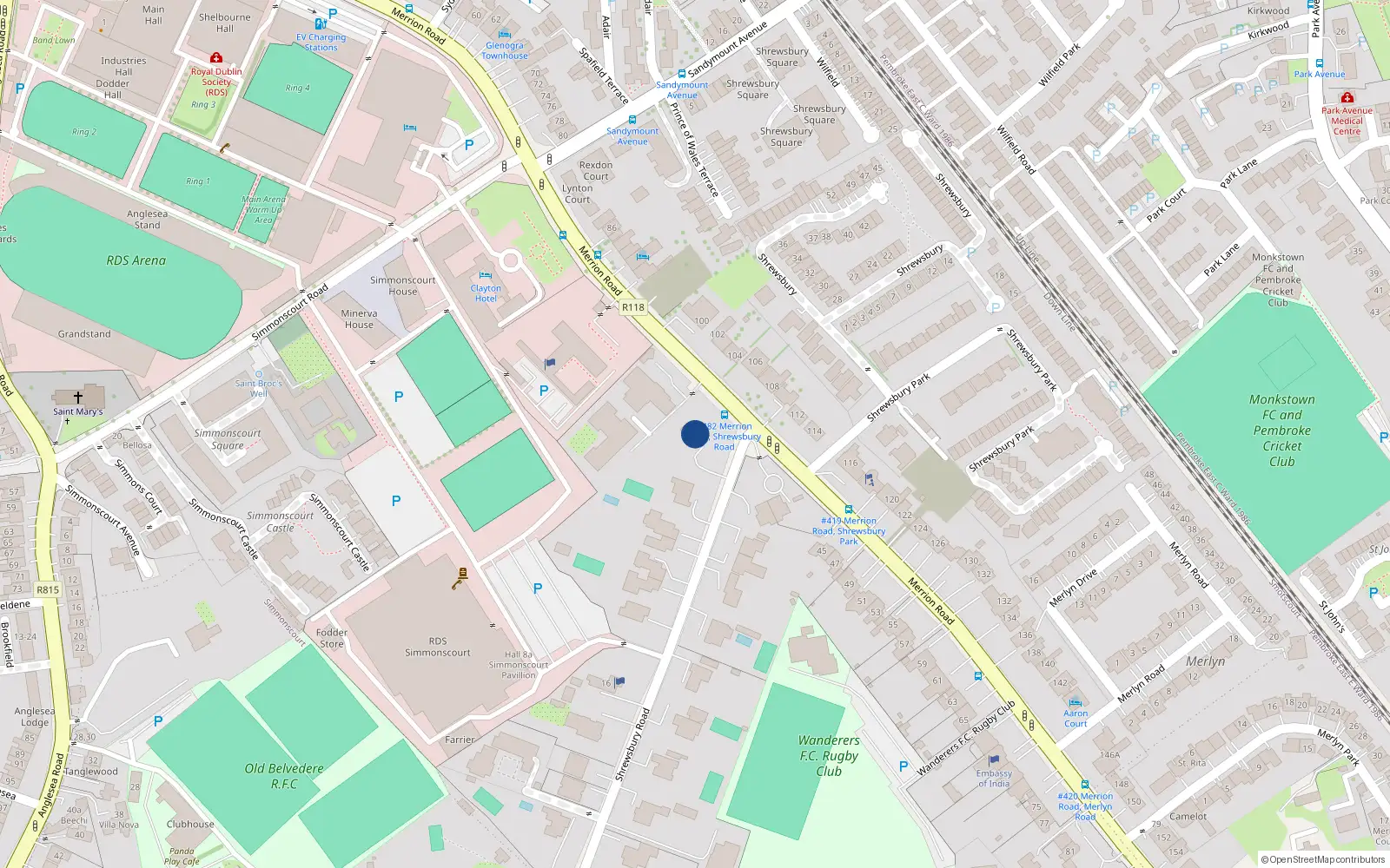 Overhead map showing the location of 2 Shrewsbury Road, Ballsbridge