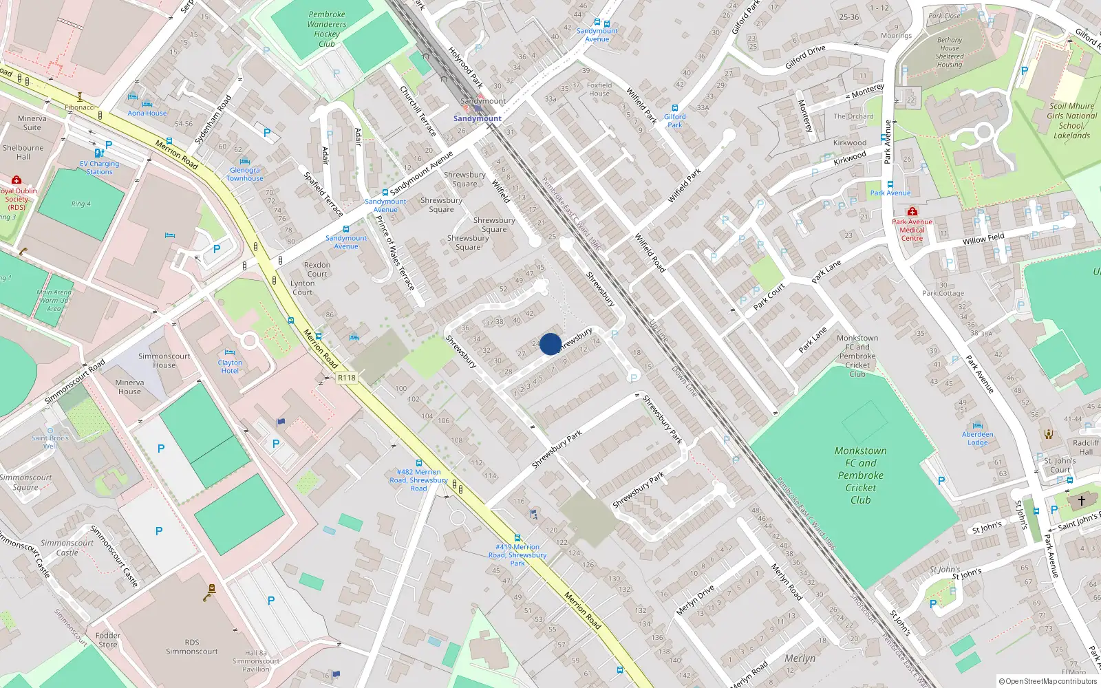 Overhead map showing the location of Shrewsbury Square 64, Ballsbridge, Dublin 4