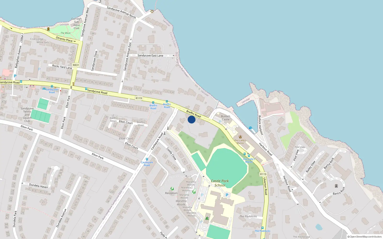 Overhead map showing the location of Breffni Road, Sandycove