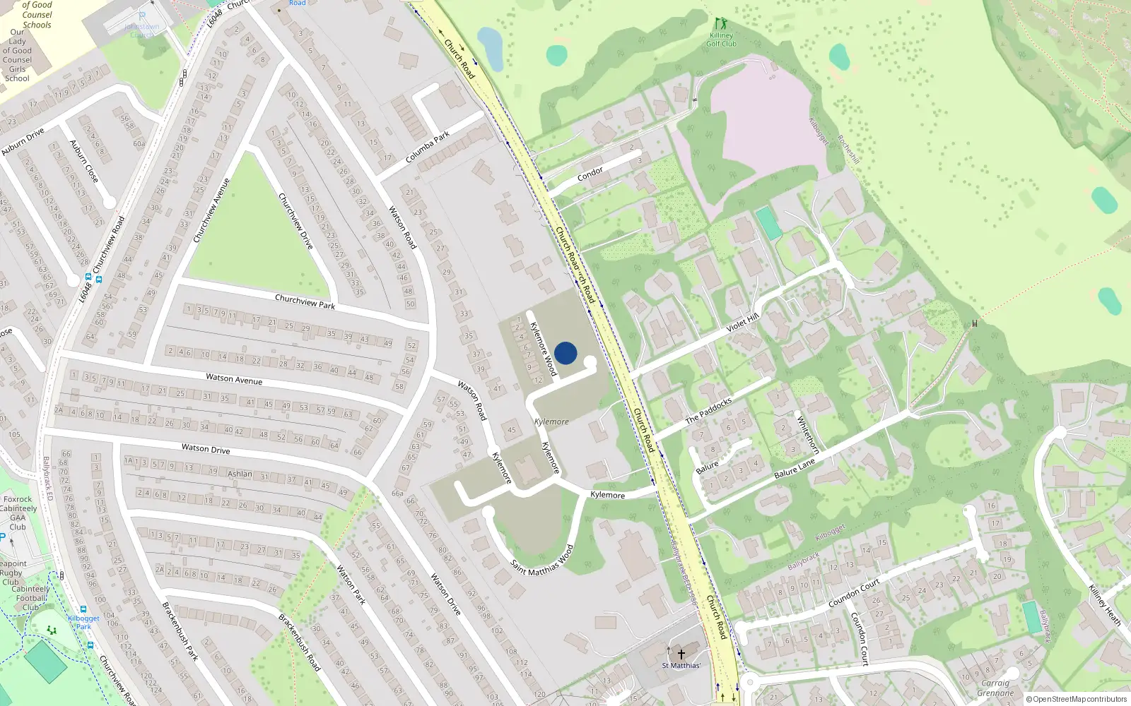Overhead map showing the location of Church Road, Killiney