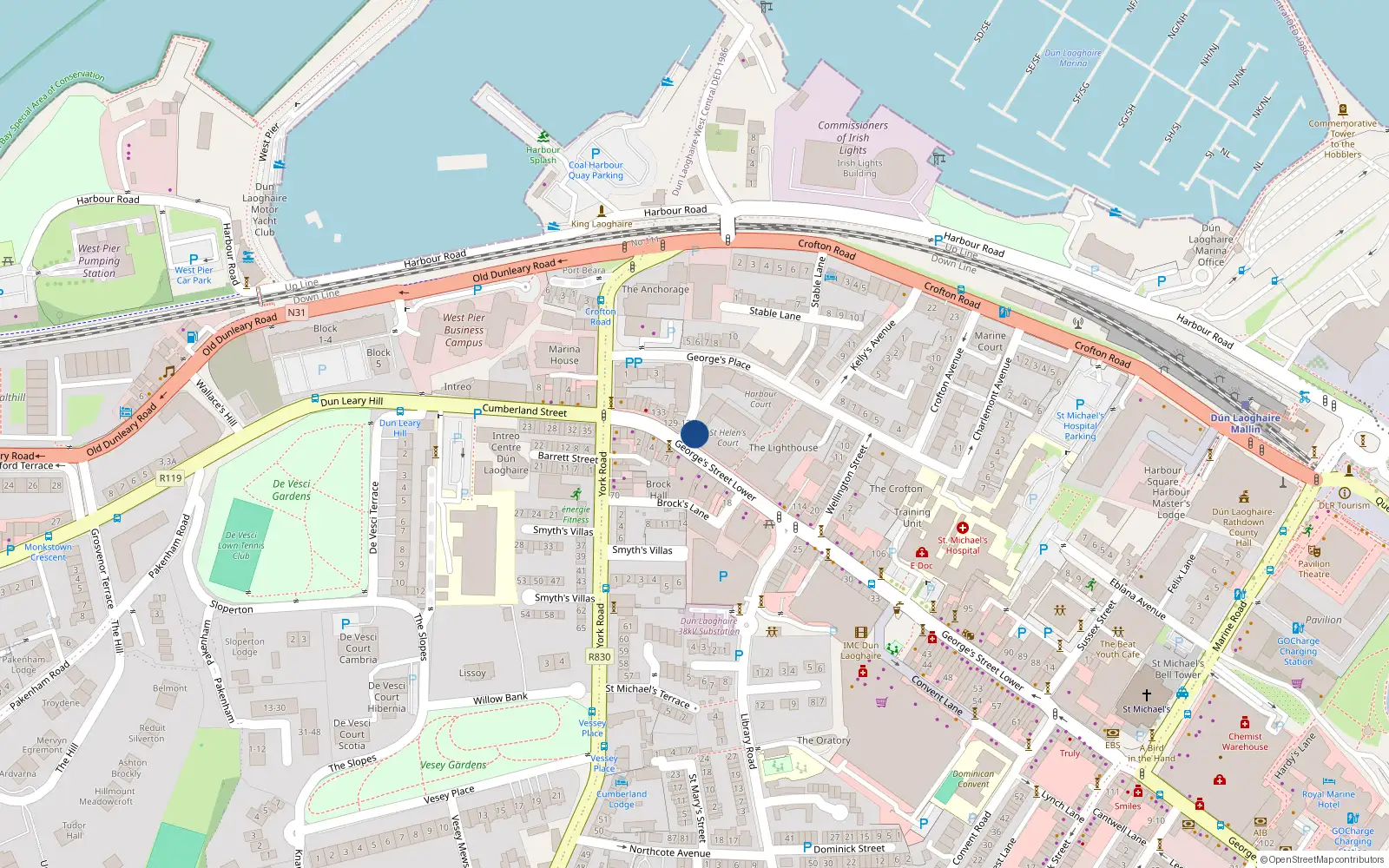 Overhead map showing the location of 128 George's Street Lower, Dun Laoghaire